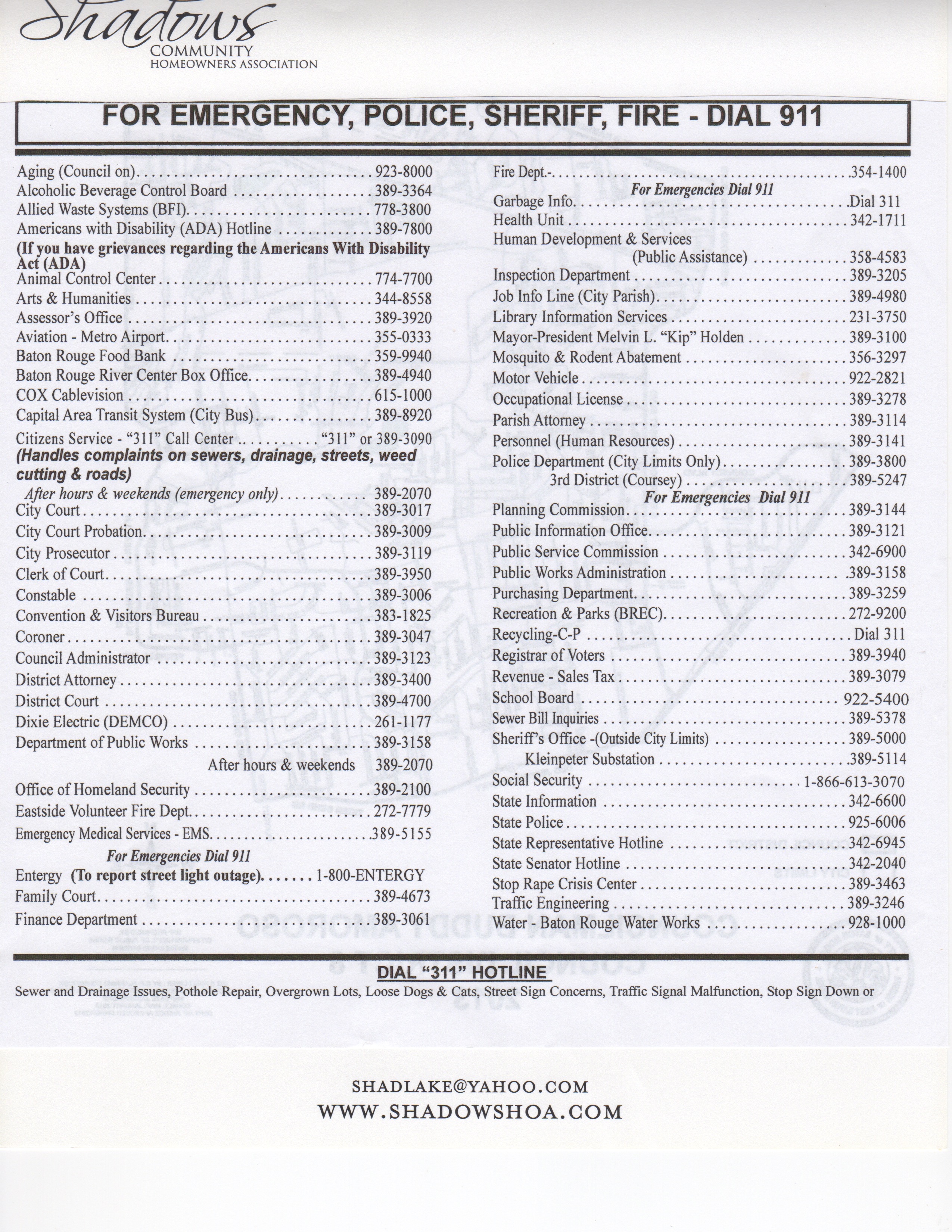 Important Contact Numbers « Shadows Community Homeowners Association