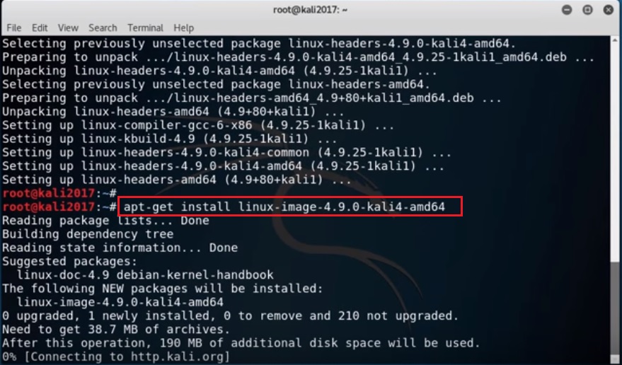 VirtualBox Kali Linux termina Install linux image command screenshot