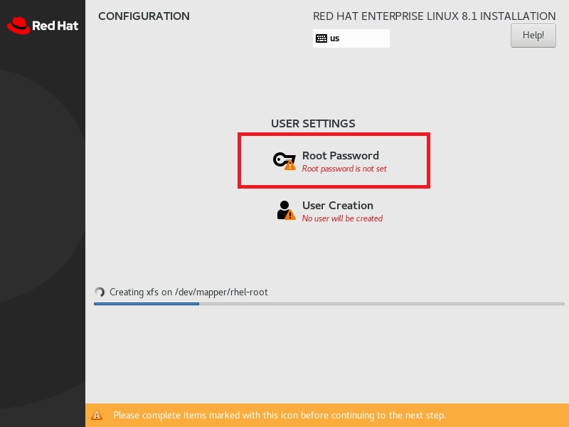 Red Hat Enterprise Linux 8 Installation Set Root Password