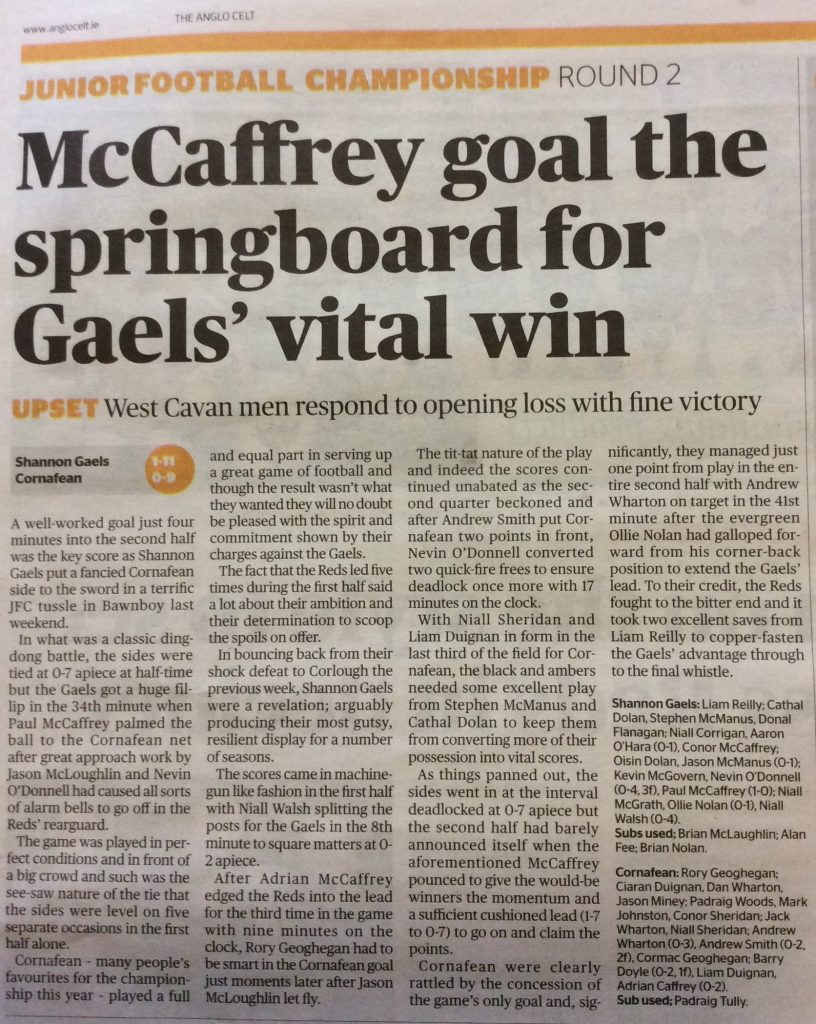 Anglo Celt report on Championship Shannon Gaels