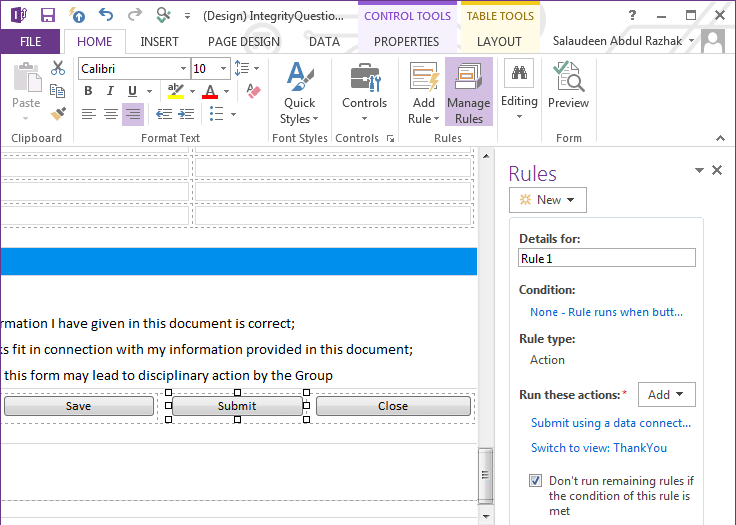 InfoPath Form Show Thank You Page on Submit SharePoint Diary