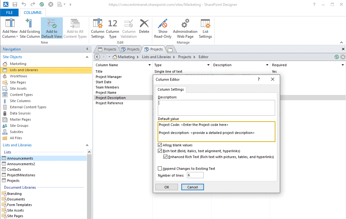SharePoint Online Set Default Value for Multiple lines of text Field