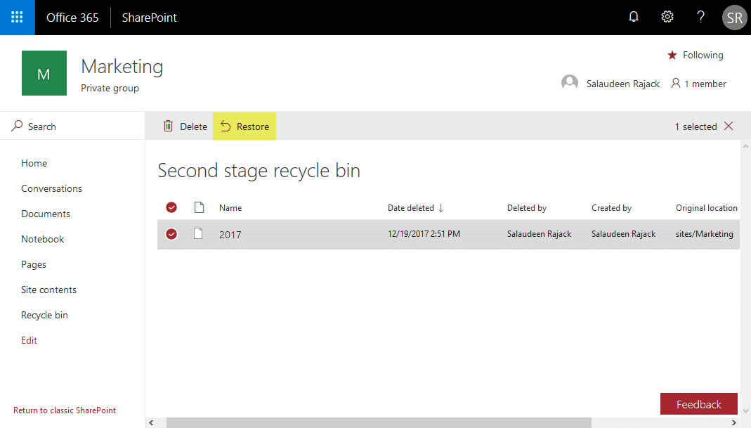 SharePoint Online Restore Deleted Subsite from Recycle Bin using