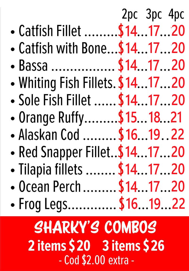 Menu Sharkys Chicken and Fish Sharky's Chicken and Fish Menu Vacaville, CA Order Delivery