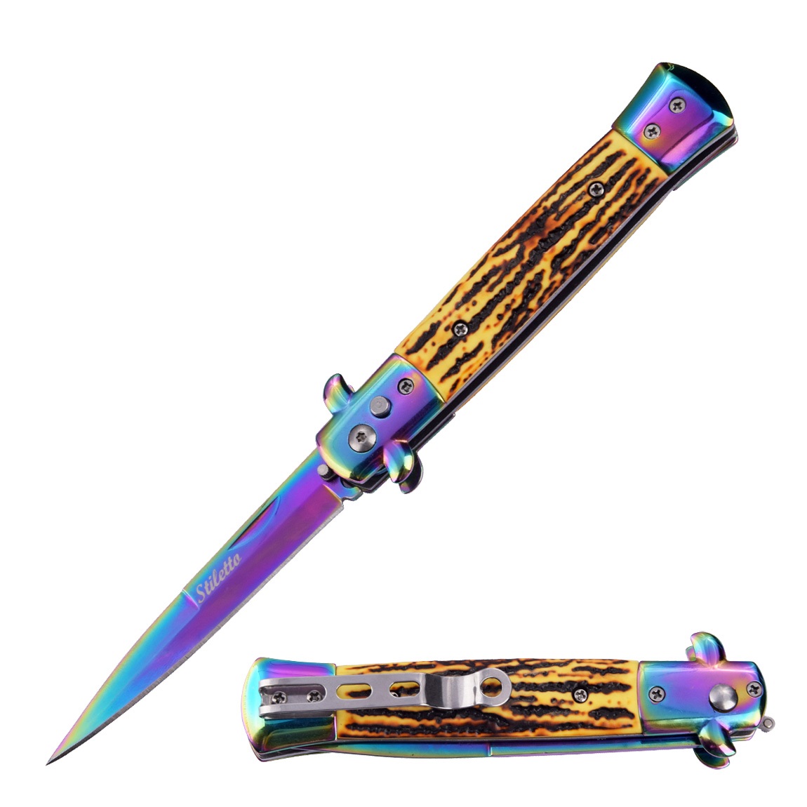 Classic Rainbow Stiletto Automatic Switch Blade Knife Bone