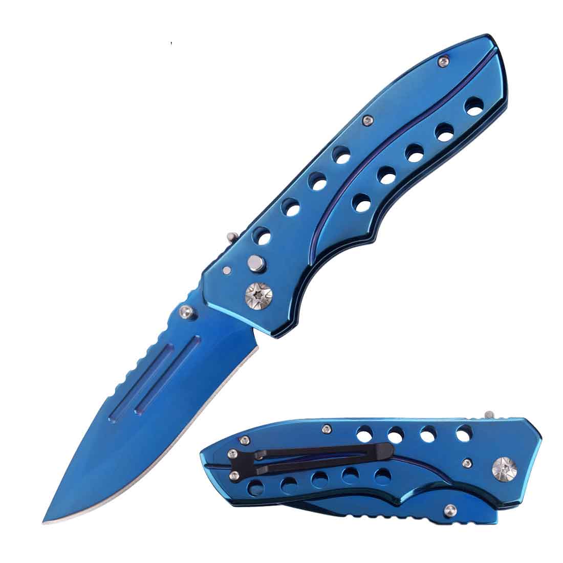 5.35" Closed Blue Switchblade Automatic Clip Point Blade Kni