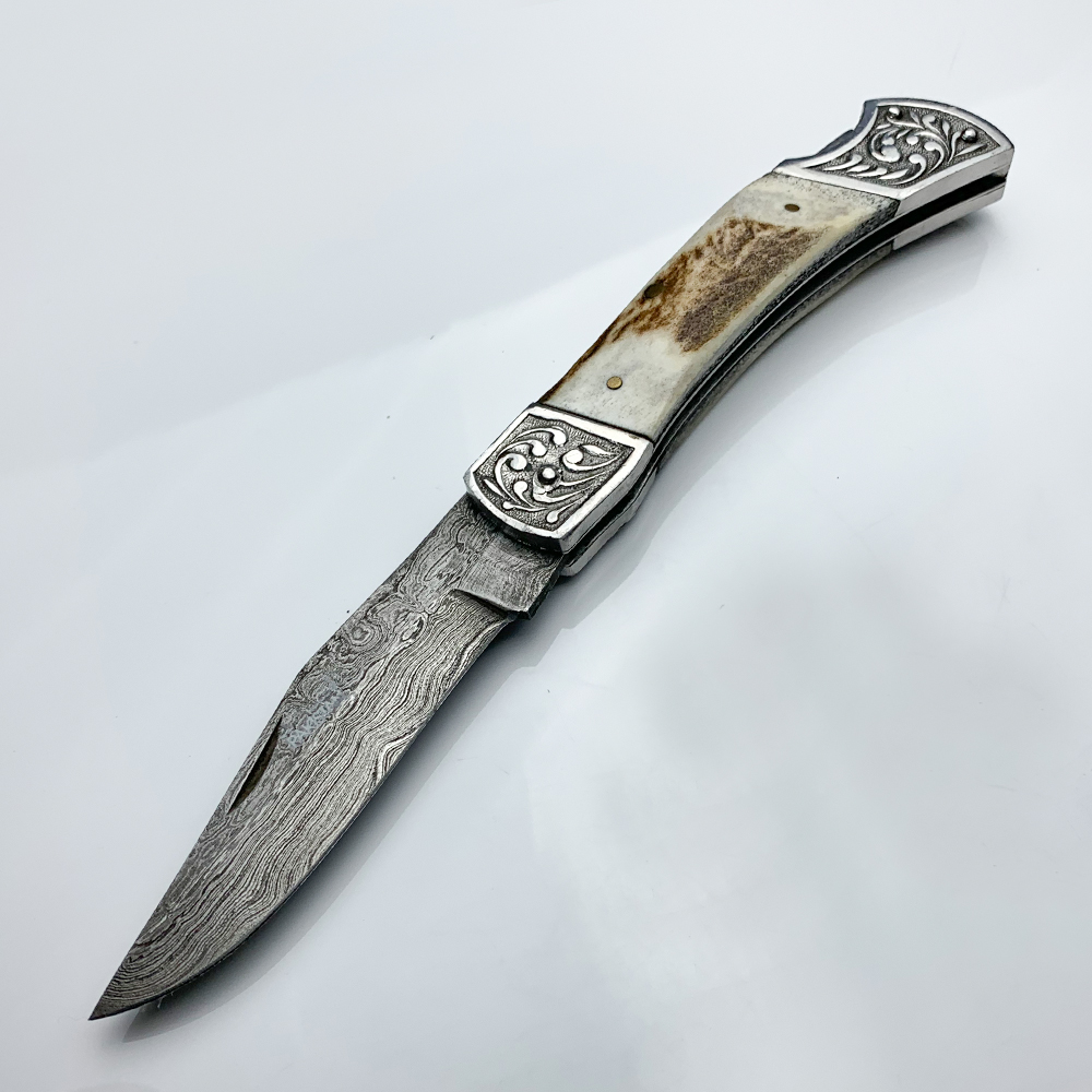 Damascus Lock Blade Pocket Knife 4" Blade Hand Made4C2D010