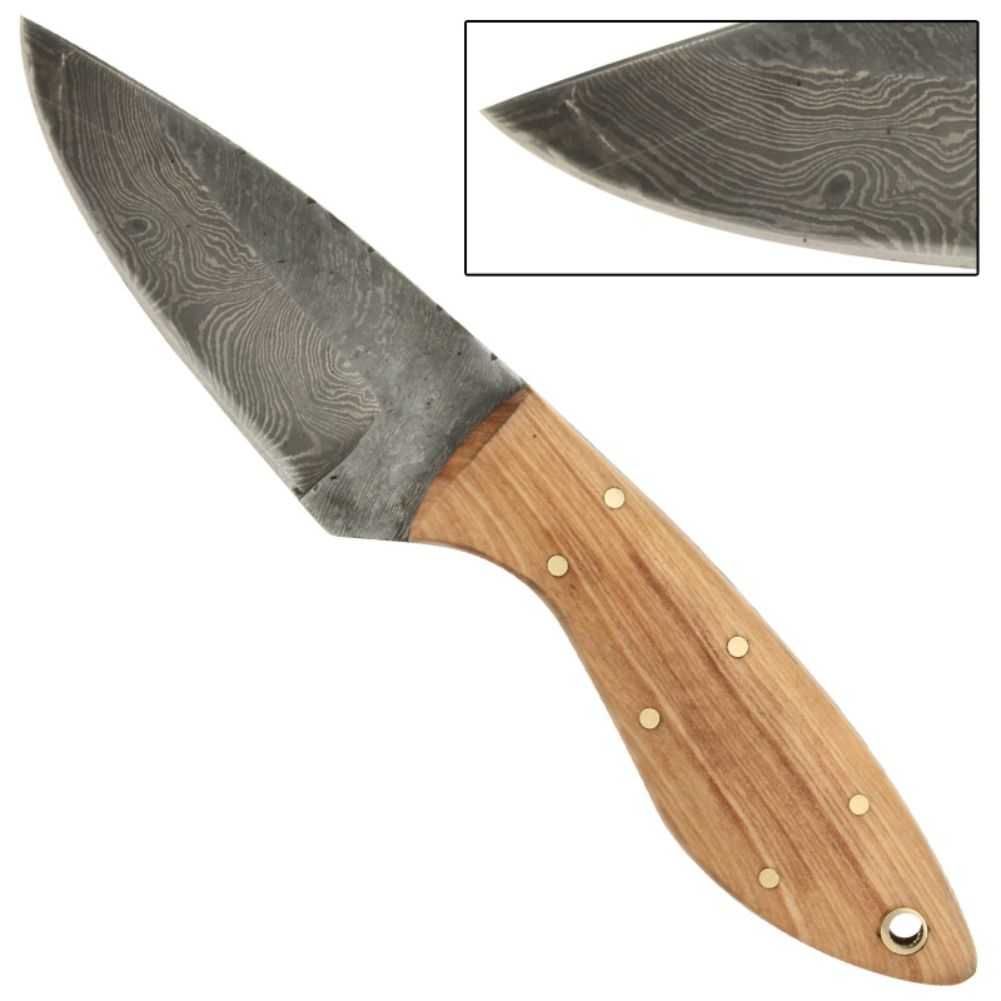 Full Tang Olive Wood Short Skinner Damascus Knife6A0DM20