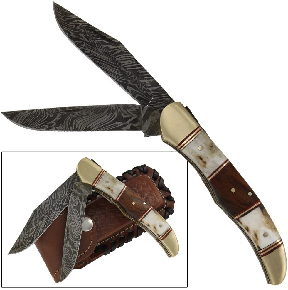 Double Blade Guild Stag Damascus Steel Pocket Knife6A0DM88