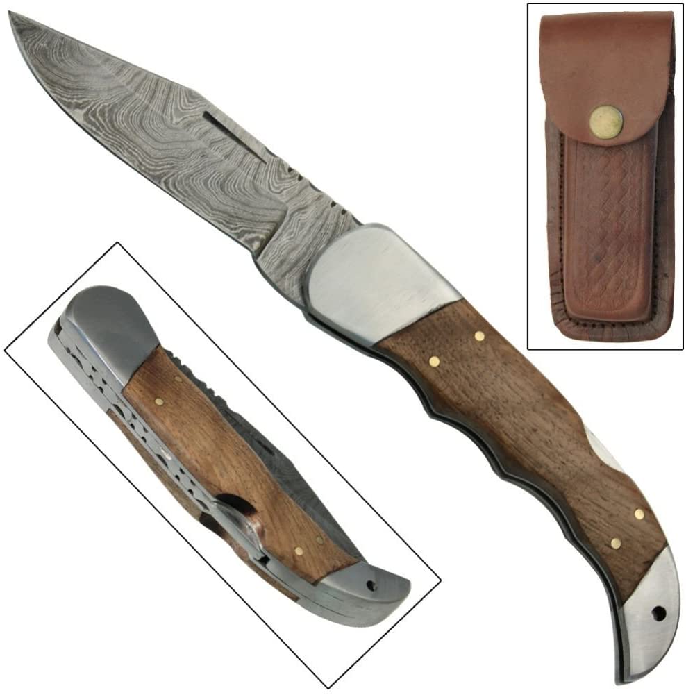 Damascus Lock Blade Pocket Knife 3.75" Blade With Leather Sh