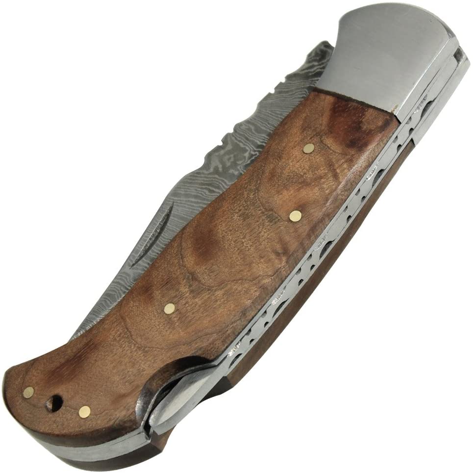 Damascus Lock Blade Pocket Knife 3.75" Blade With Leather Sh