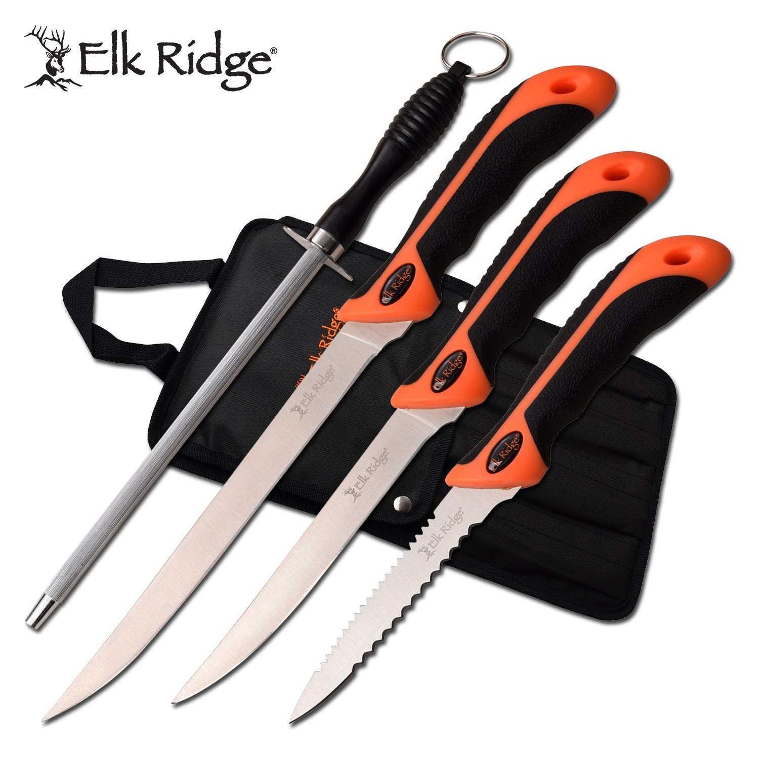 Elk Ridge 3 Pc Fillet Knife Set With Sharpening Rod & Nylon