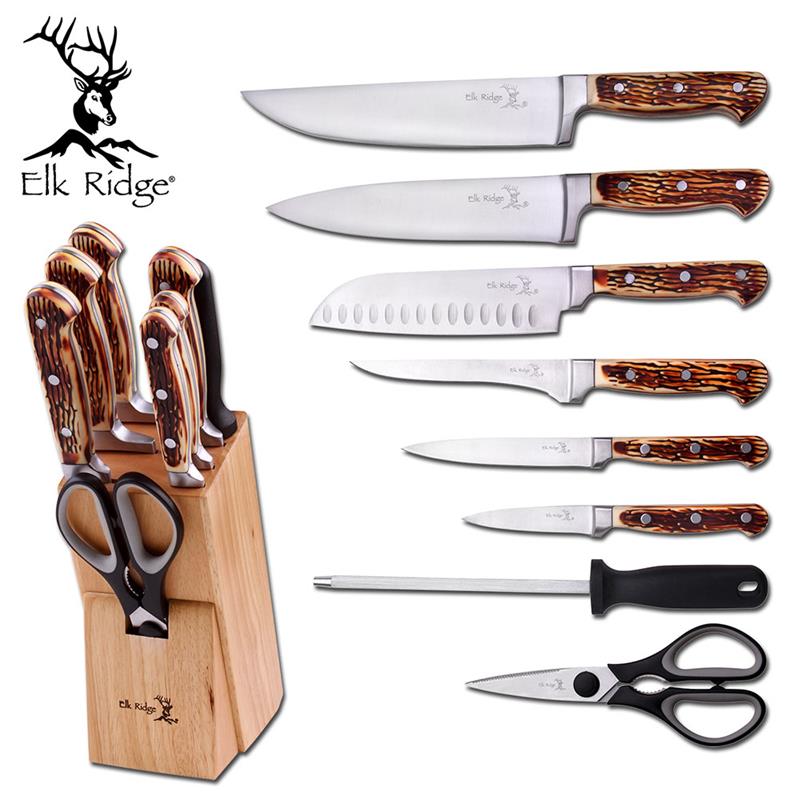 Elk Ridge 9 Piece Kitchen Cutlery Knife Set And Block Stainless Steel