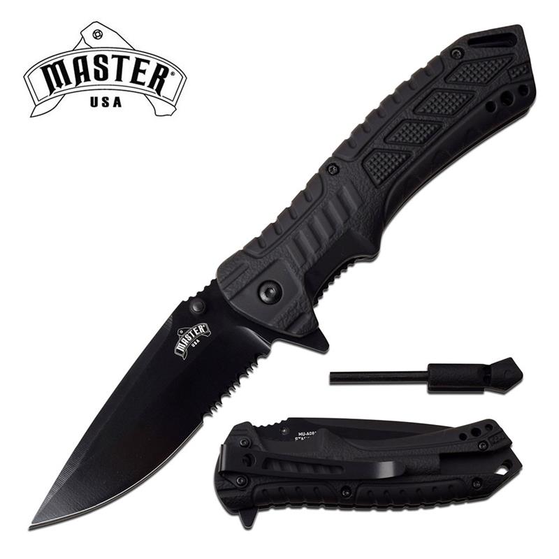 Survival Folding Knife 3.5" Serrated Blade Black Fire Starte