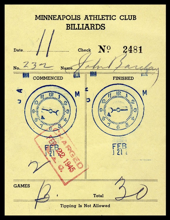 Minneapolis Athletic Club Billiards Sheaff ephemera