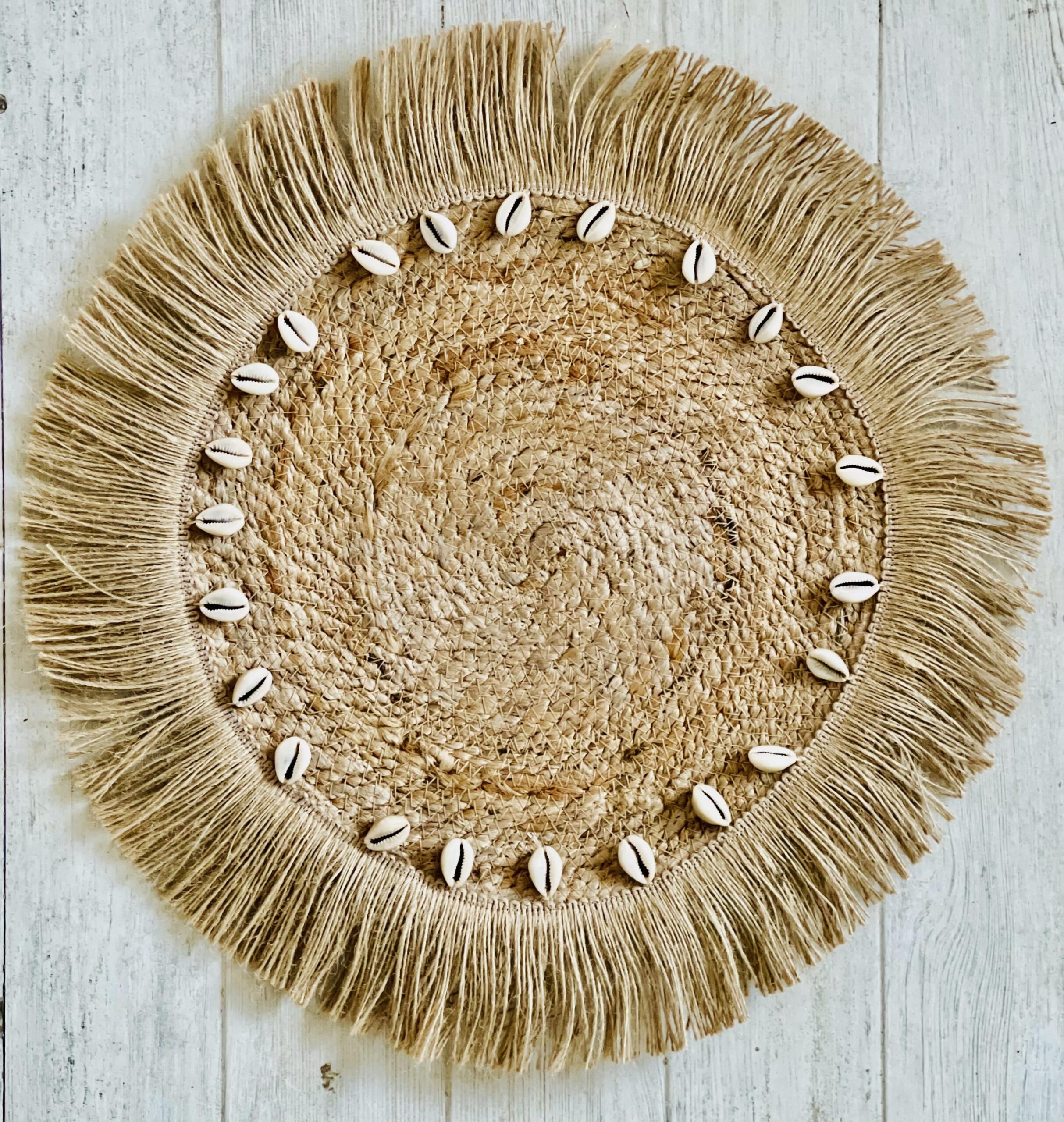 Jute Table Mat With Fringes and Shells HOME