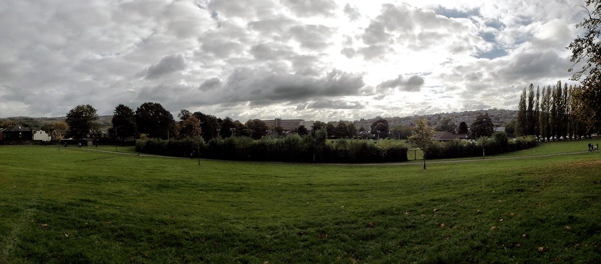 Hillsborough Park, looking over Hillsborough Arena towards Regents Court flats