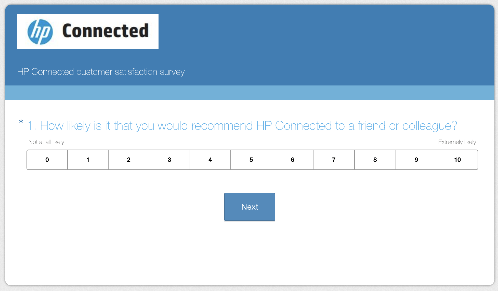 Net promoter survey question from HP Connected
