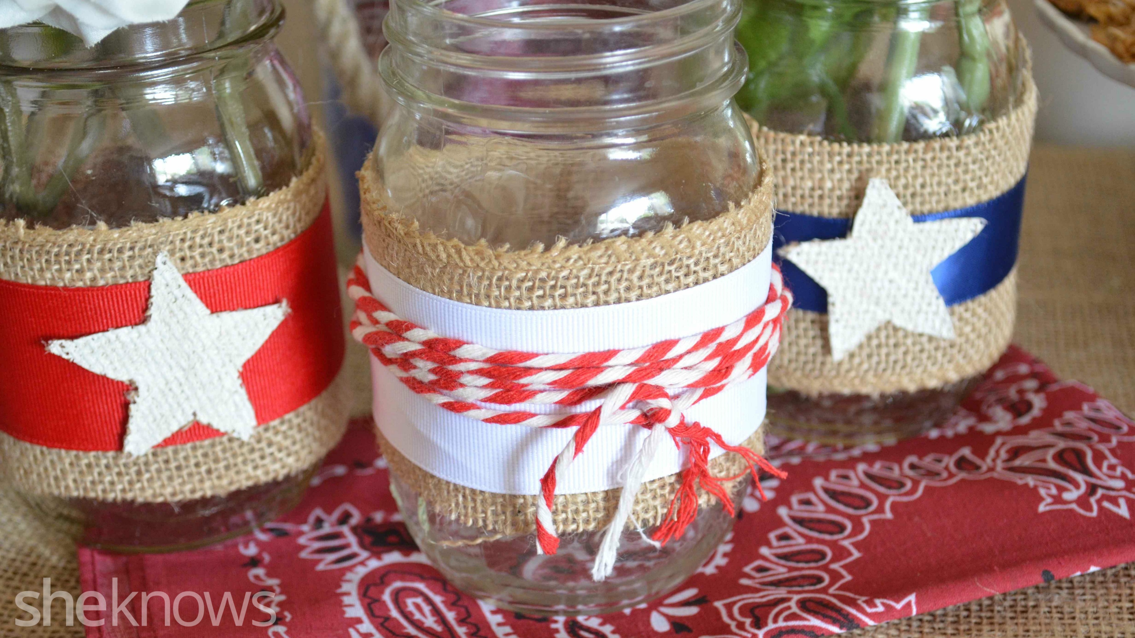 Adorn Mason jars with red, white and blue ribbon for a patriotic decoration