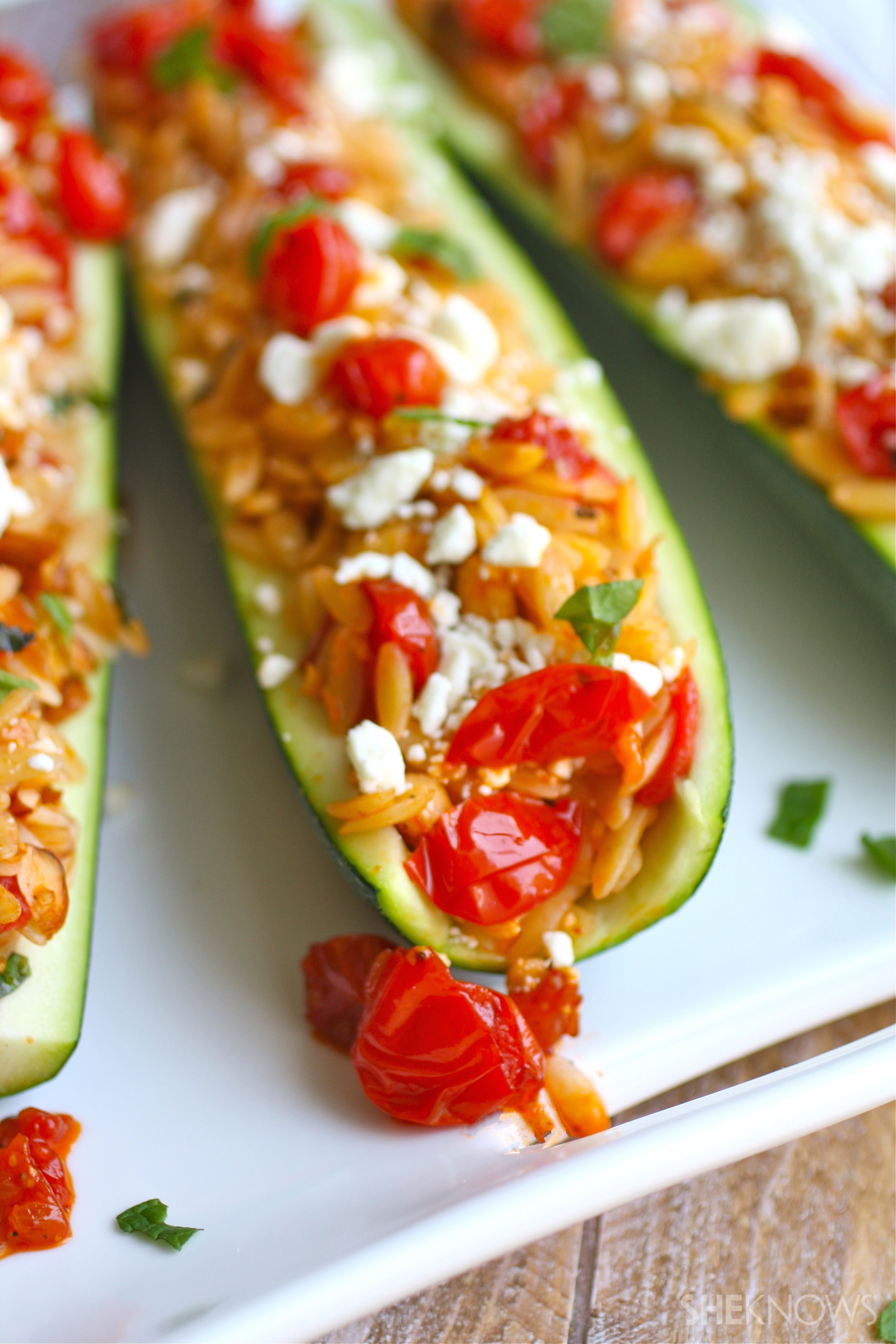 Meatless Monday Stuffed zucchini, with herbed orzo, almonds and fresh