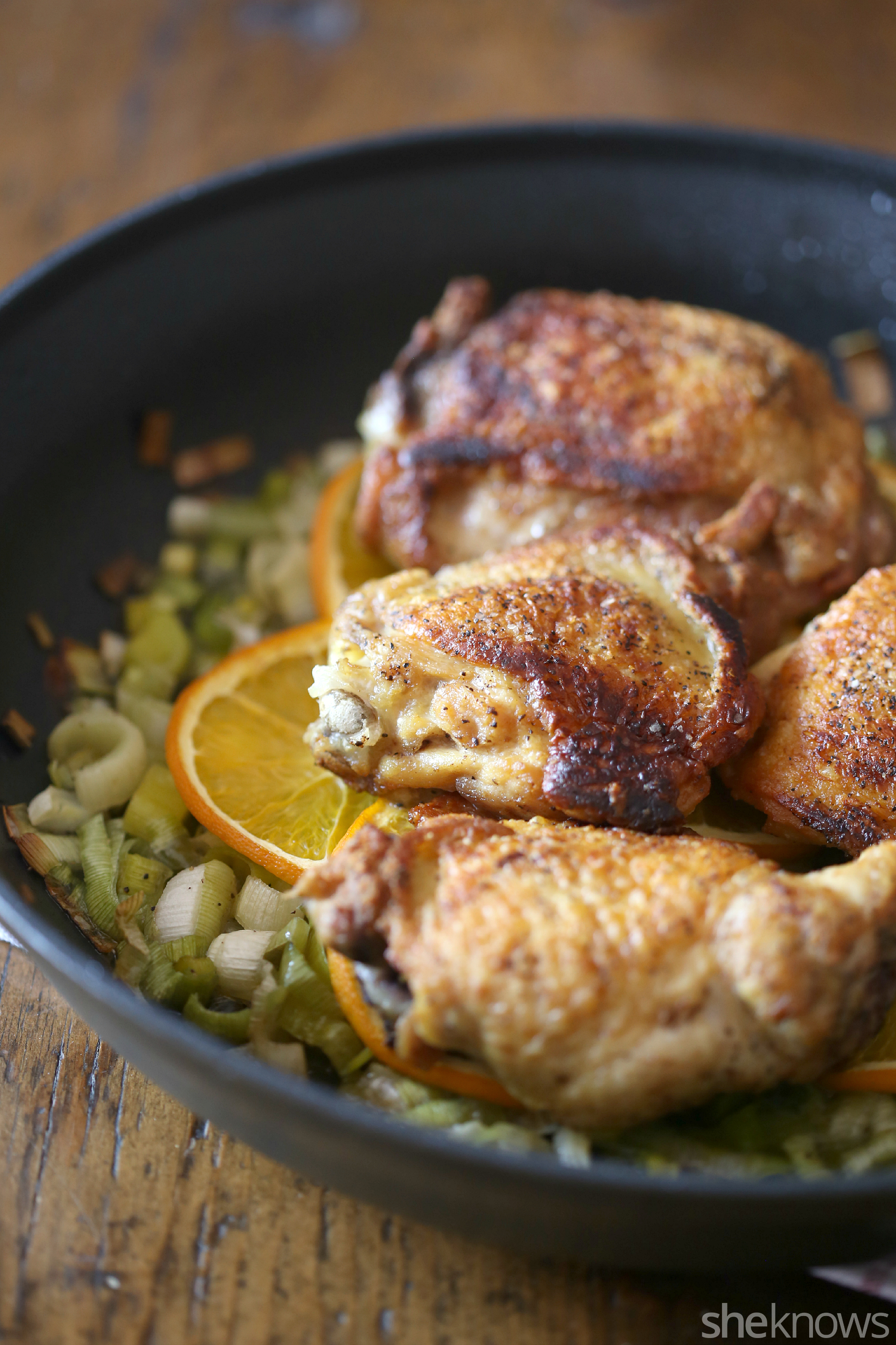 OnePot Wonder Skillet orange chicken thighs with leeks SheKnows