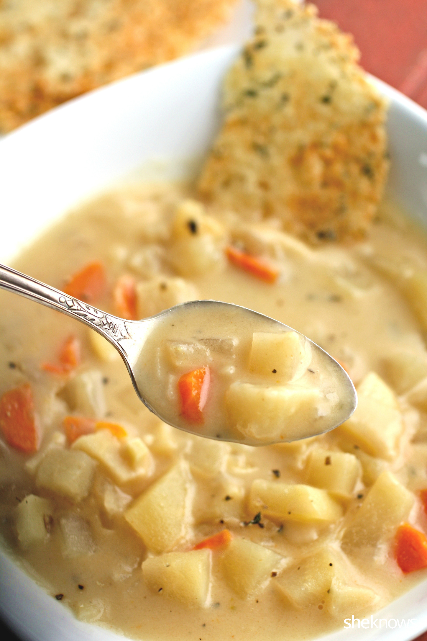 Slow Cooker Sunday Carrot, parsnip and potato chowder with Parmesan crisps