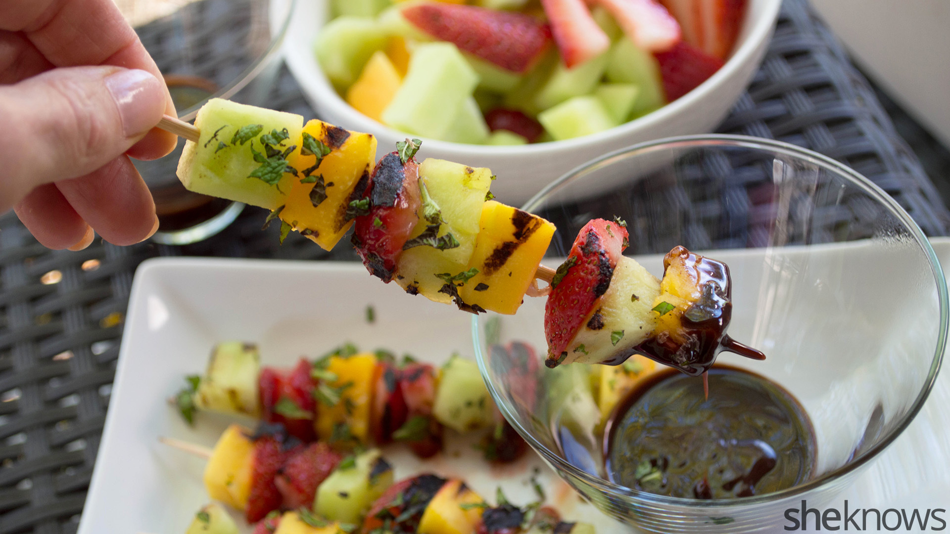 Grilled fruit kebabs with chocolate sauce put a healthy spin on dessert SheKnows