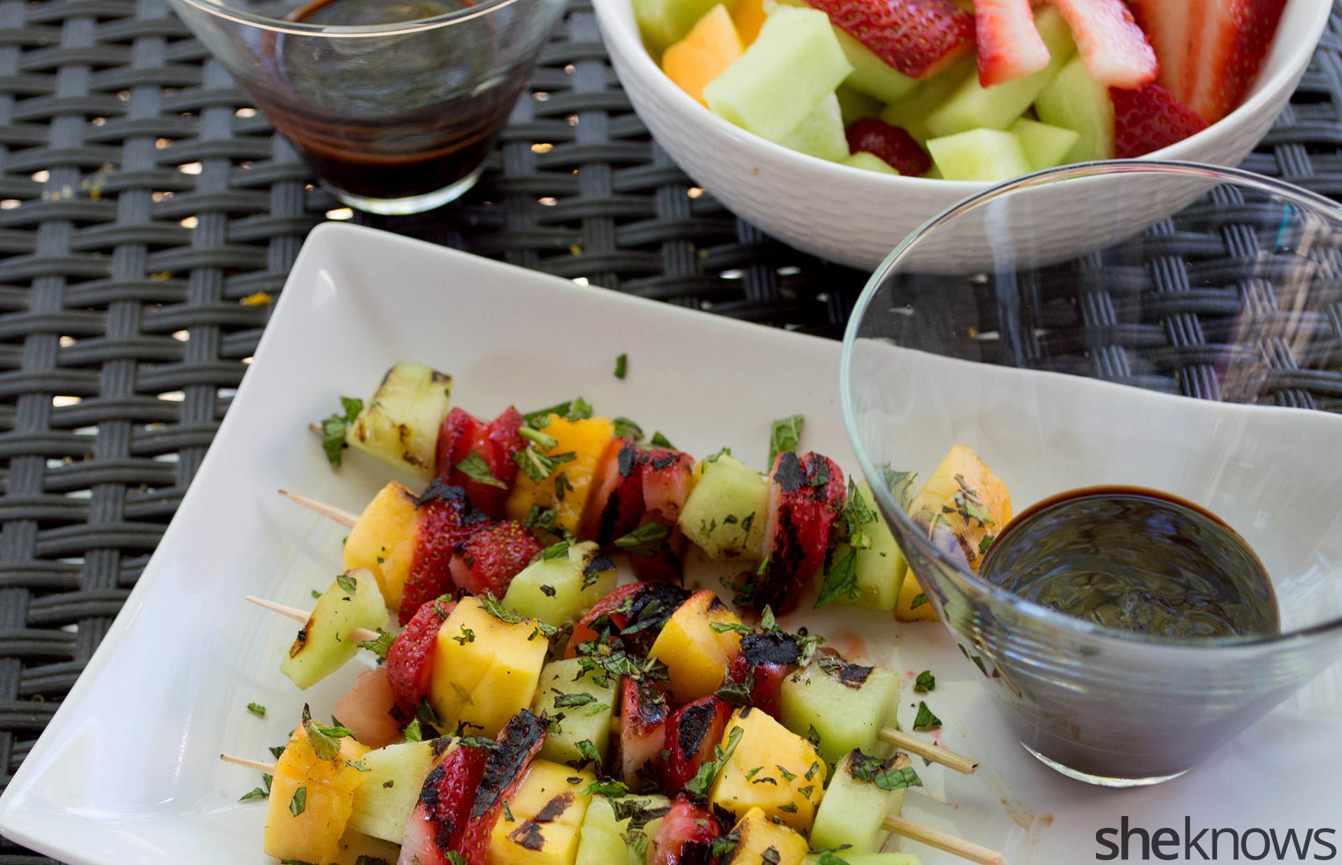 Grilled fruit kebabs with chocolate sauce put a healthy spin on dessert