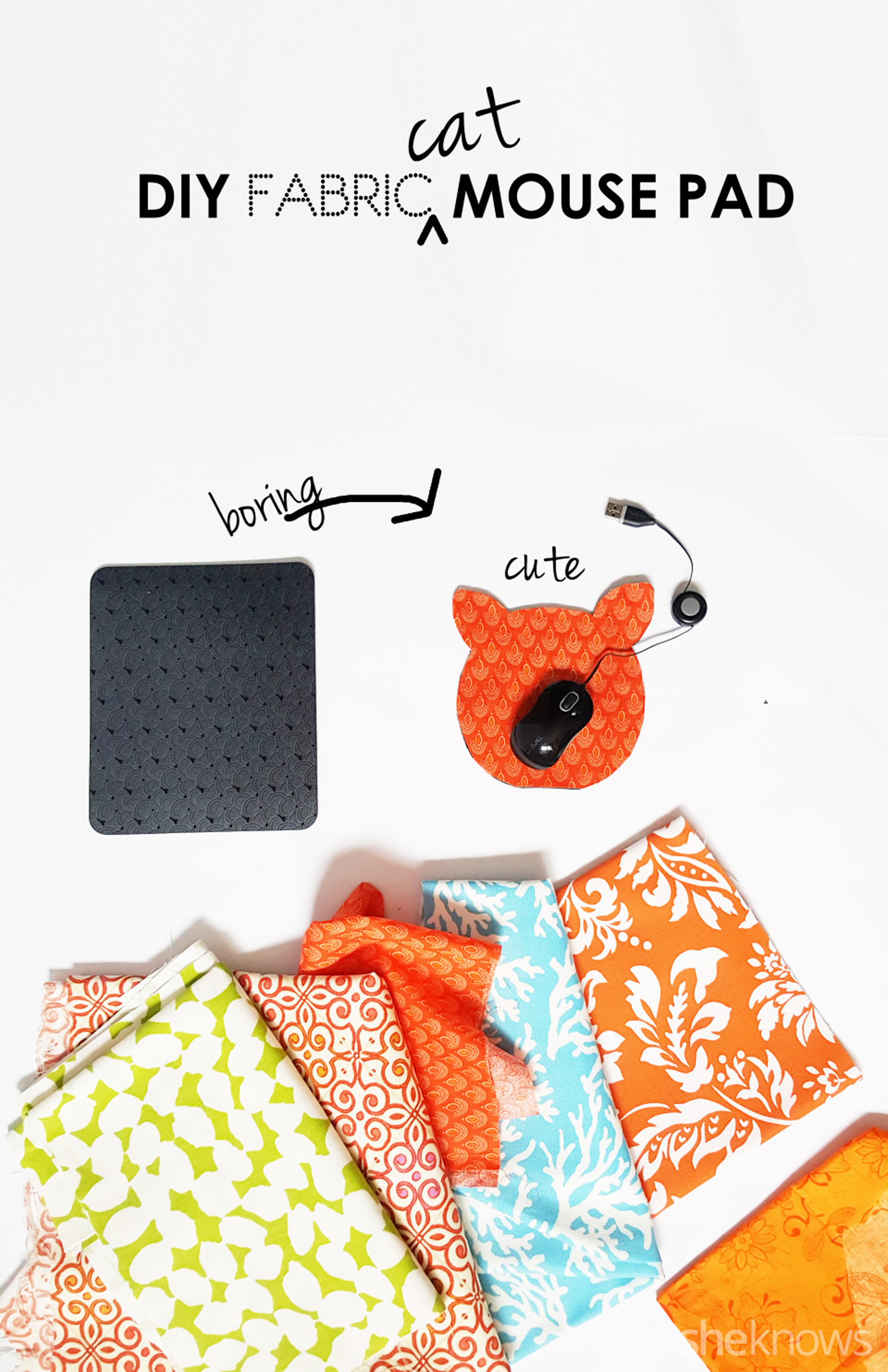 Turn a boring mouse pad into an adorable cat mouse pad with fabric