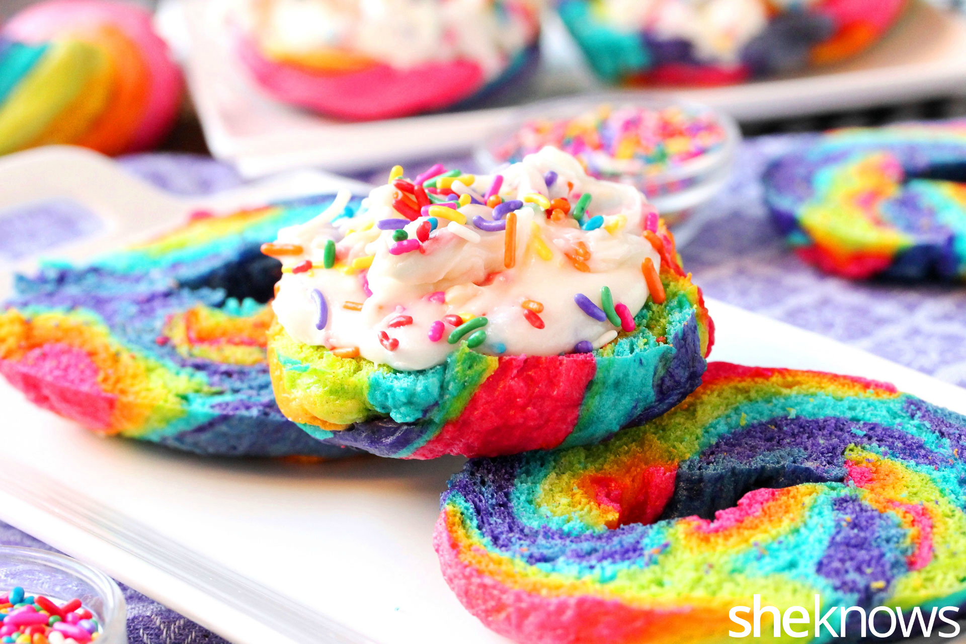 Rainbow bagels with Funfetti cream cheese How to make them at home