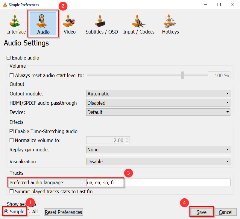 VLC Change Preferred Audio Language Order
