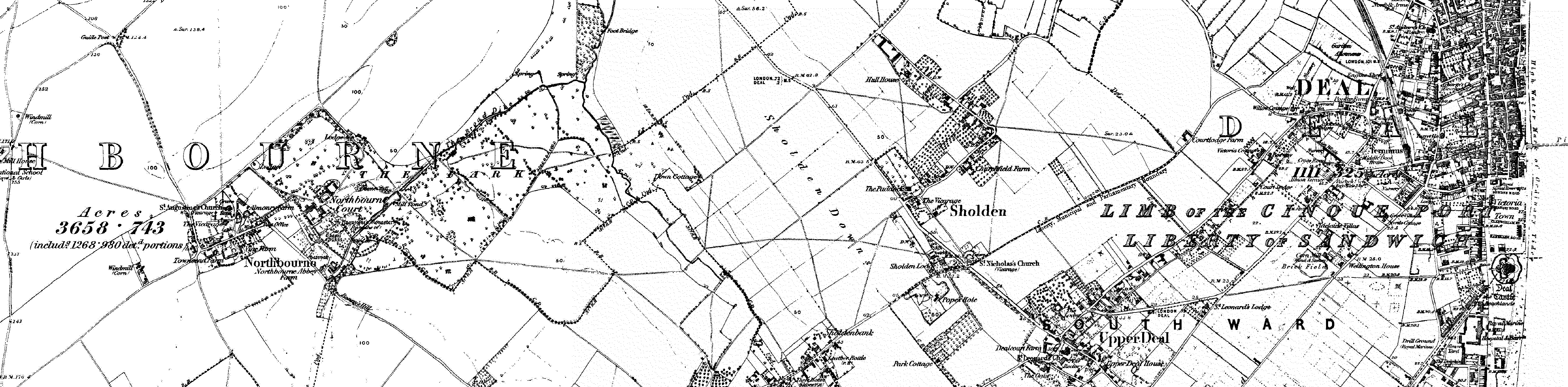 1877 Map from Northbourne to Deal, Kent. England.