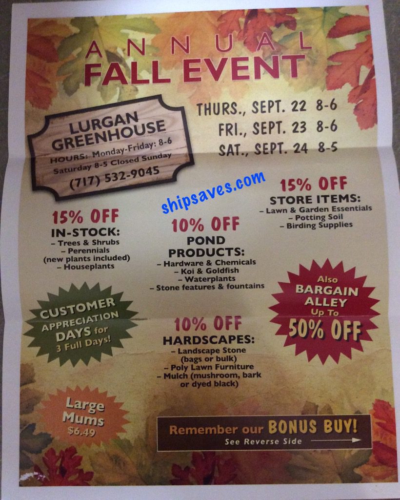 Lurgan Greenhouse Fall Customer Appreciation Days SHIP SAVES