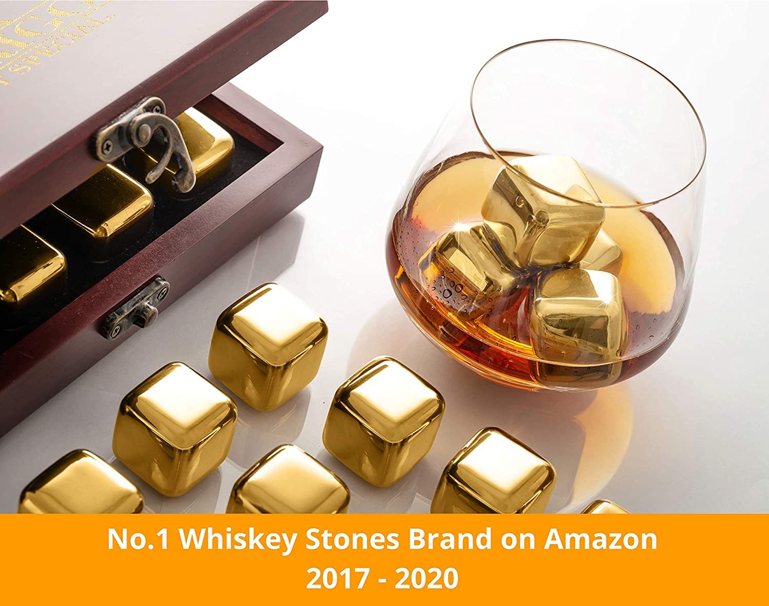 China Gold Stainless Steel Whiskey Stones Gift Set in Wooden Box Reusable Ice Cubes for Drinks