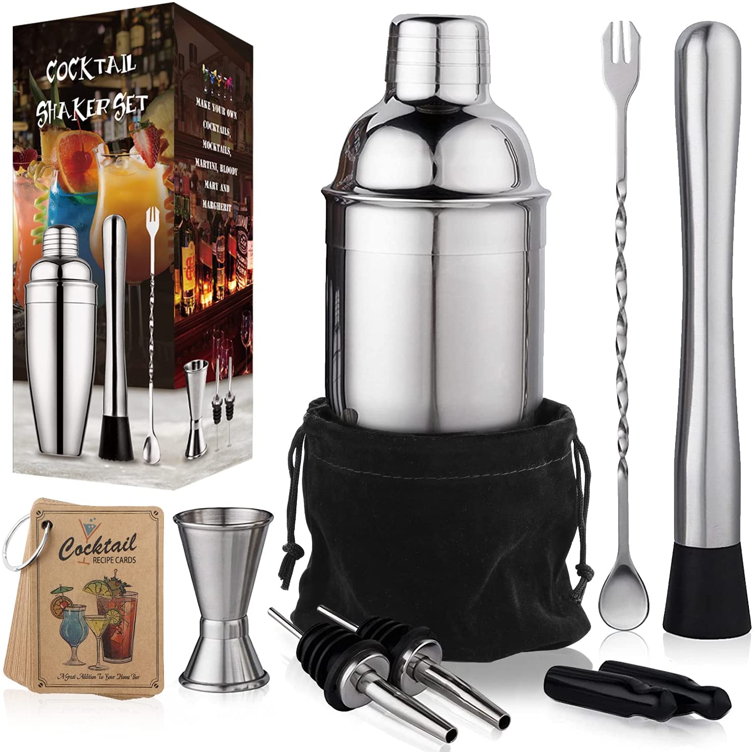 China Cocktail Shaker Set Bartender Kit Stainless Steel Martini Shaker Mixing Spoon Muddler