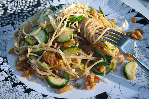Spaghetti with Zucchini Walnuts & Raisins - Shutterbean