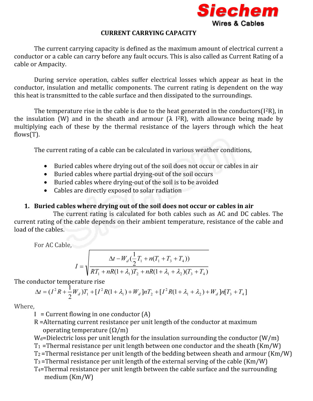 Current Carrying Capacity Calculation Siechem
