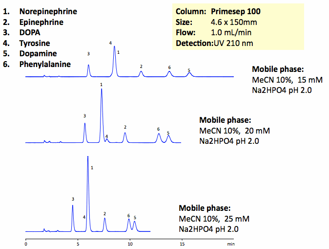 HPLC Separation of Catecholamines on Primesep 100 Column with Phosphate