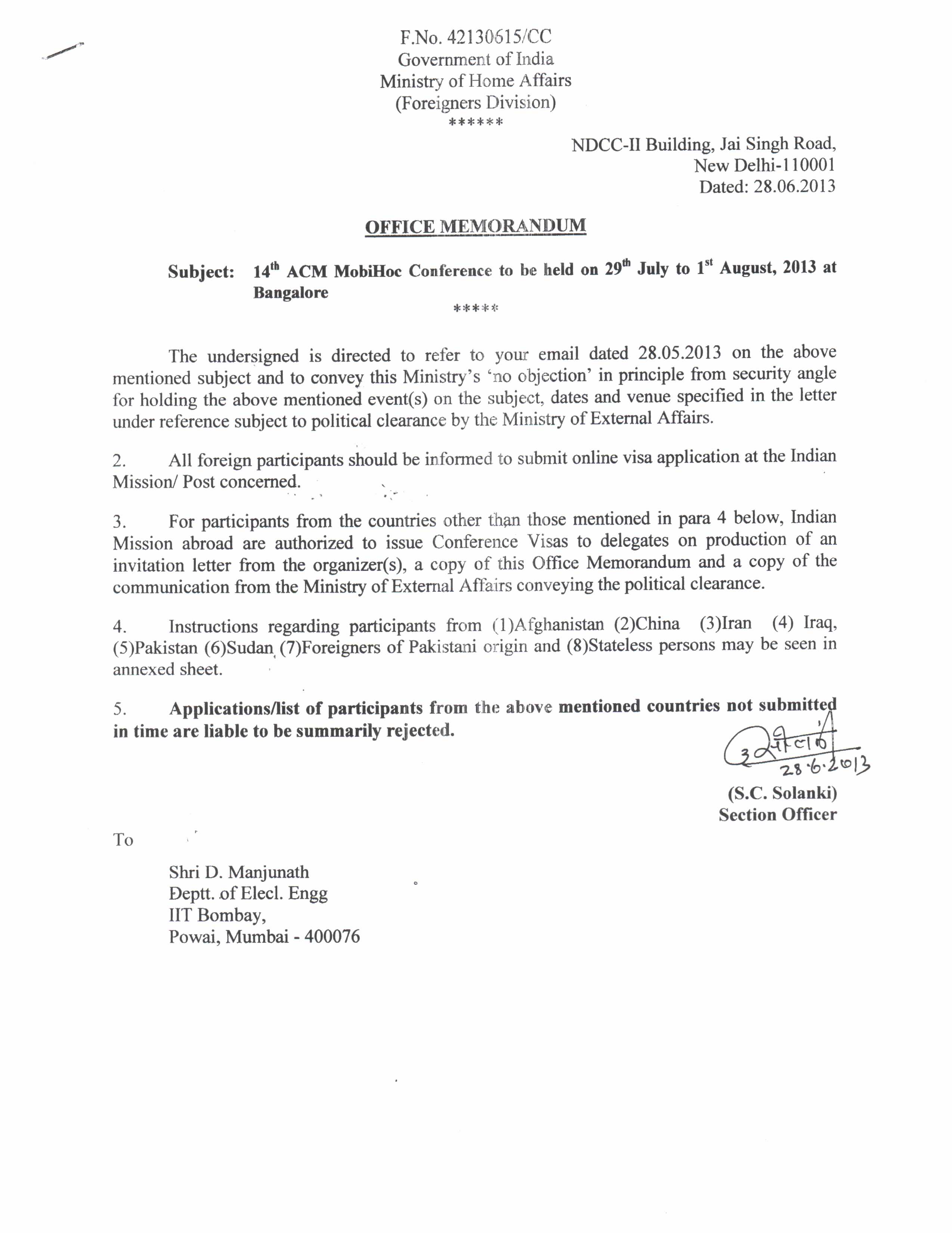 MobiHoc 2013 Visa Information