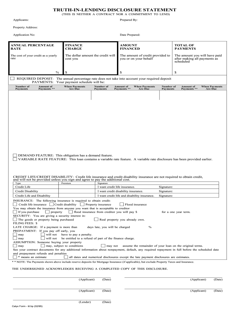 Truth in Lending Disclosure Example 19952024 Form Fill Out and Sign