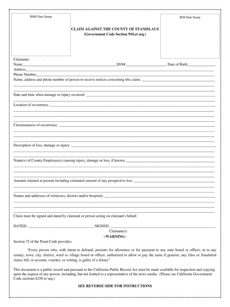 Claim Form for Claim Against County of Stanislaus Fill Out and Sign