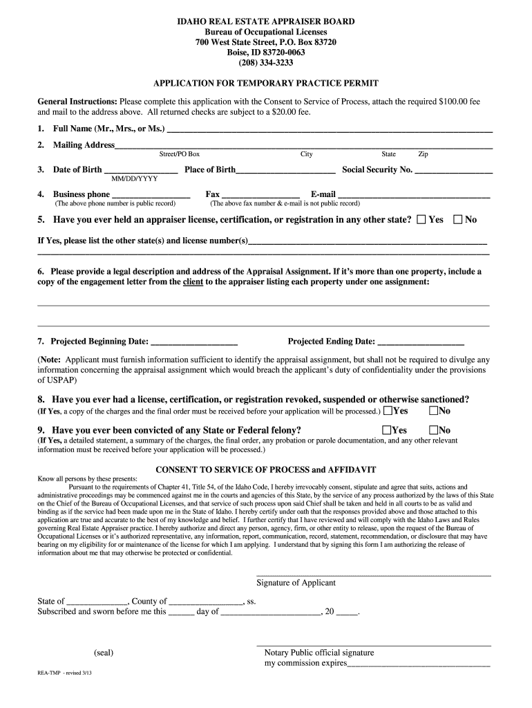 Idaho Temporary License for Real Estate Appraiser Form Fill Out and