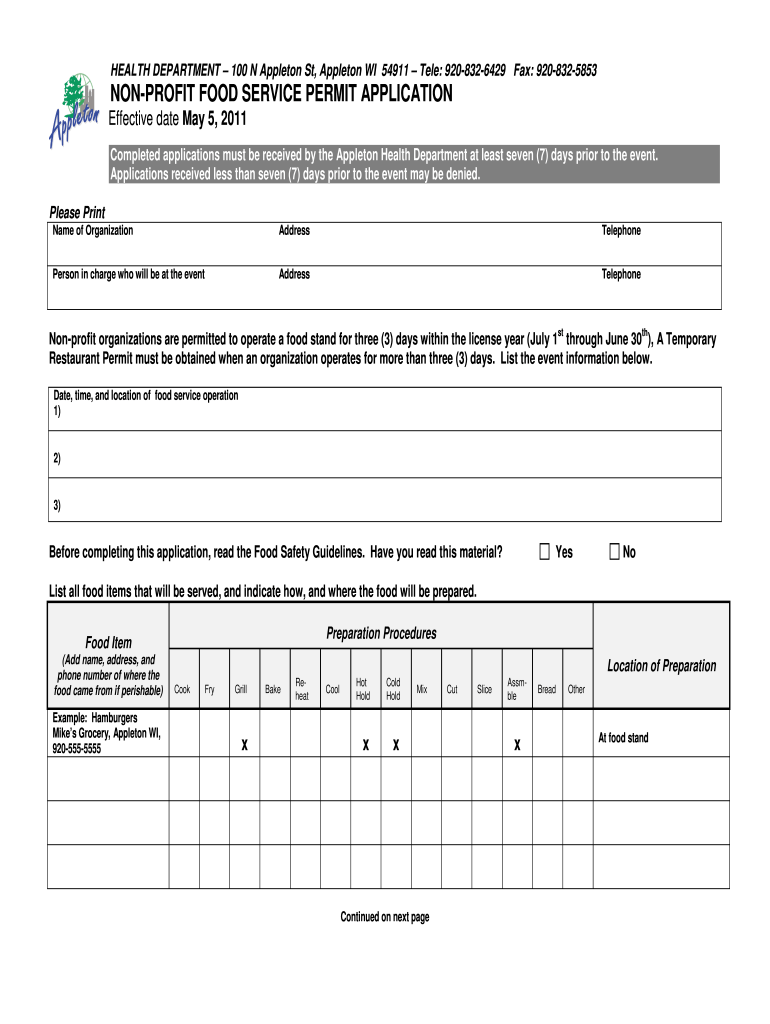 Appleton WI Non Profit Food Permit Form Fill Out and Sign Printable