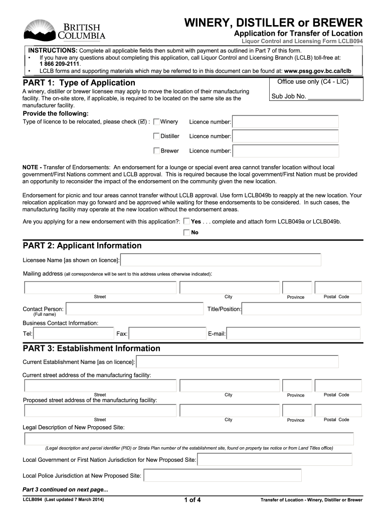 Winery, Distillery and Brewery Licenses PSG Gov Bc Fill Out and Sign