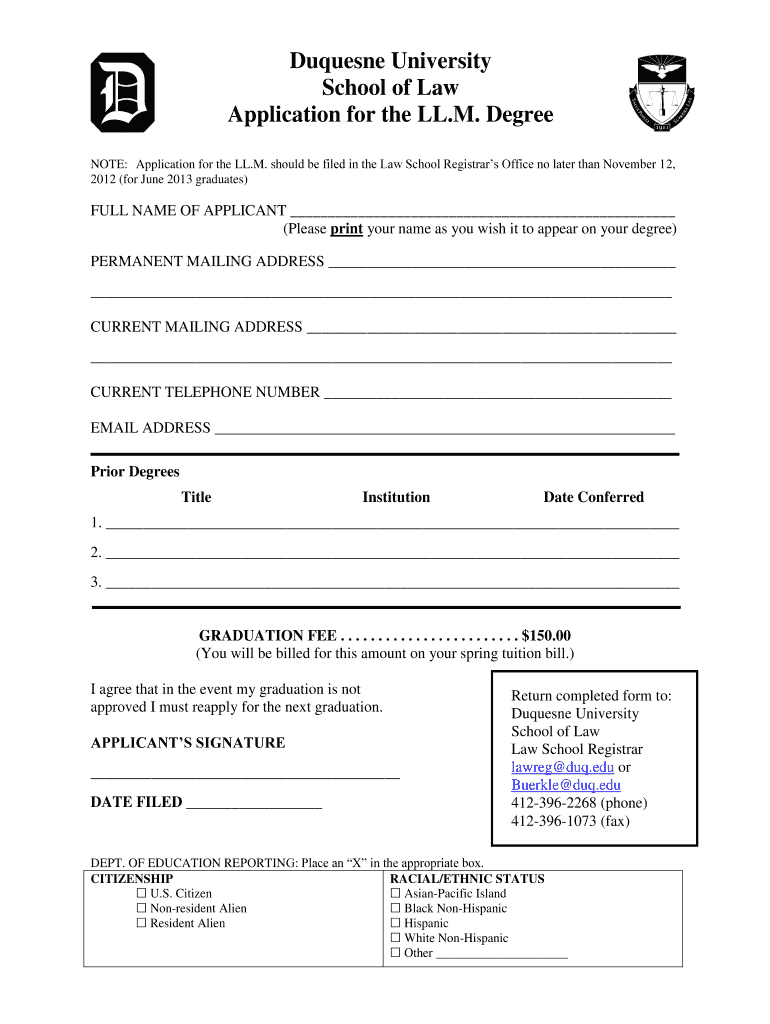 Duquesne University School of Law Application for the LL M Degree Form