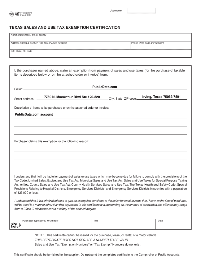 Texas Sales and Use Tax Exemption Certification PublicData Com Form
