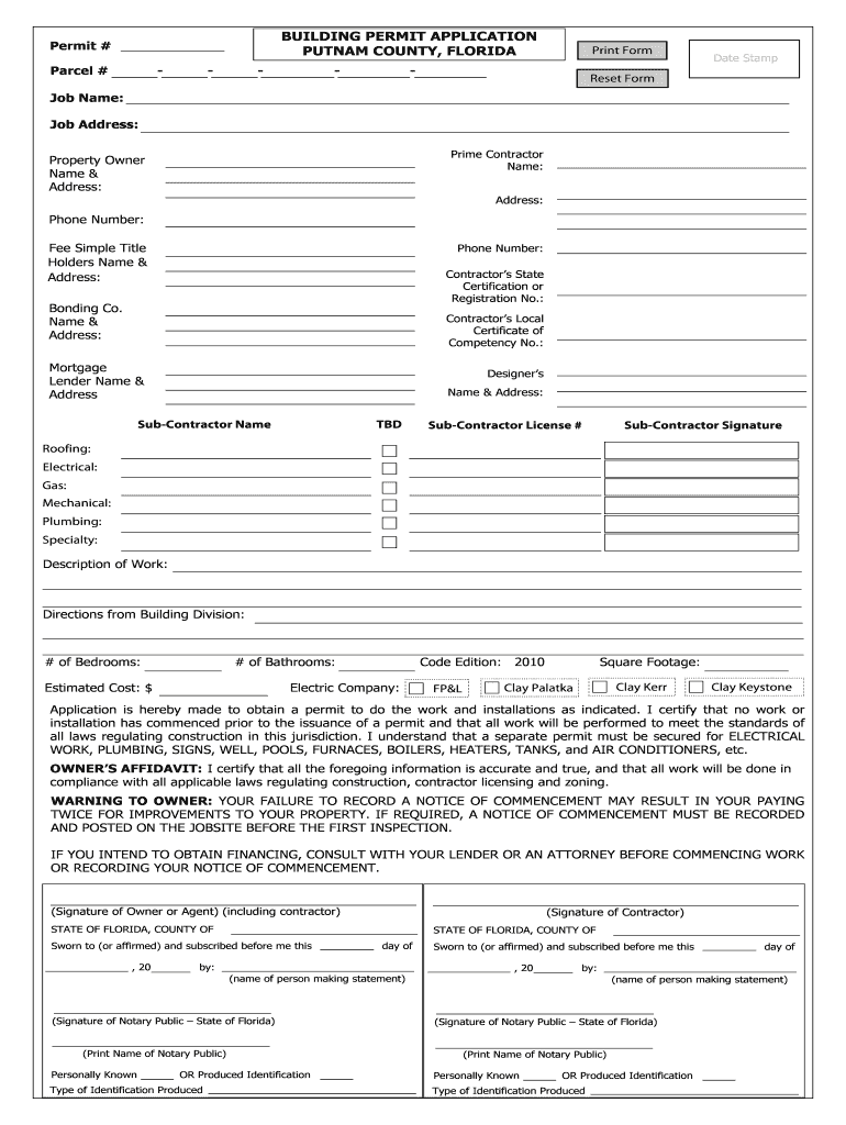 BUILDING PERMIT APPLICATION PUTNAM COUNTY, FLORIDA Form Fill Out and