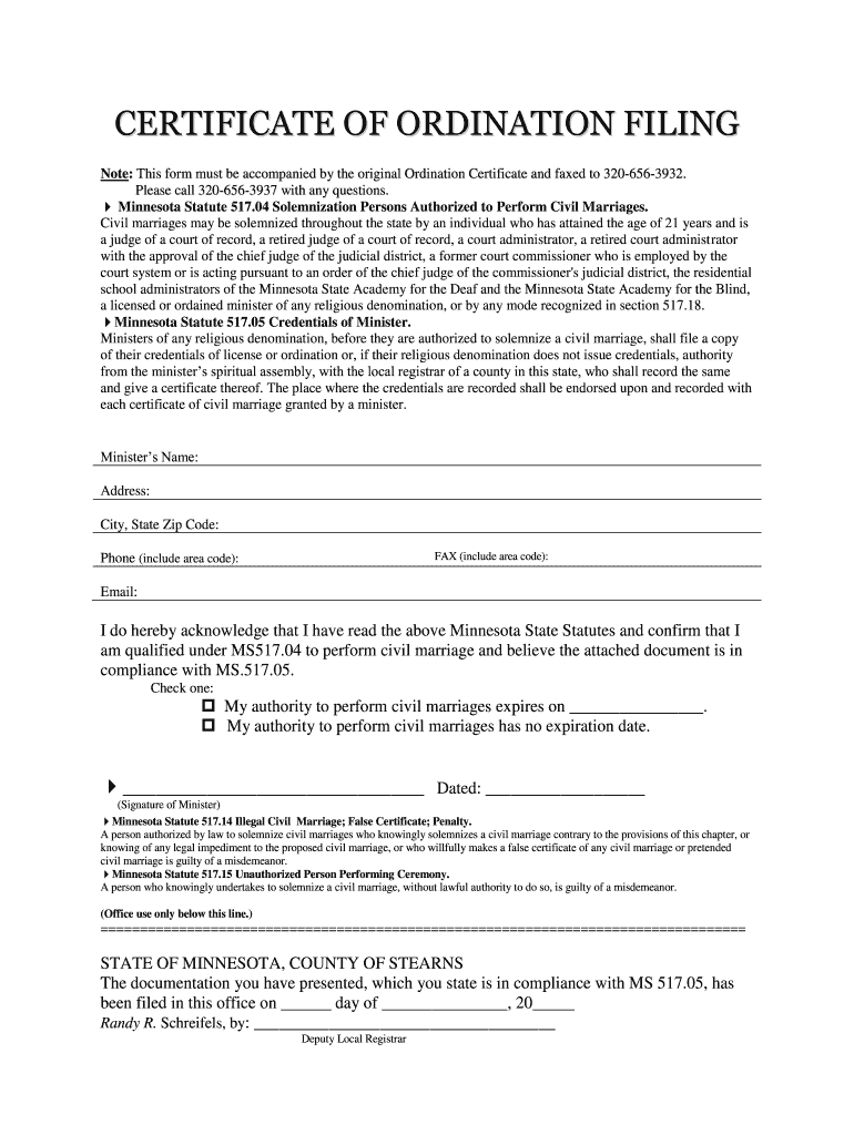 Minnesota Certificate Ordination Fill Out and Sign Printable PDF