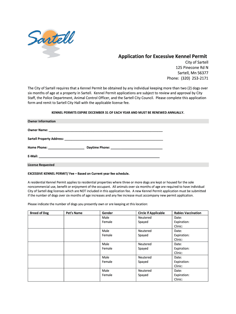 Application for Excessive Kennel Permit Sartell Minnesota Form Fill