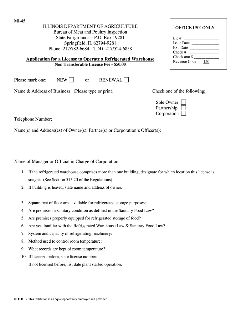 Application for a License to Operate a Refrigerated Warehouse Form